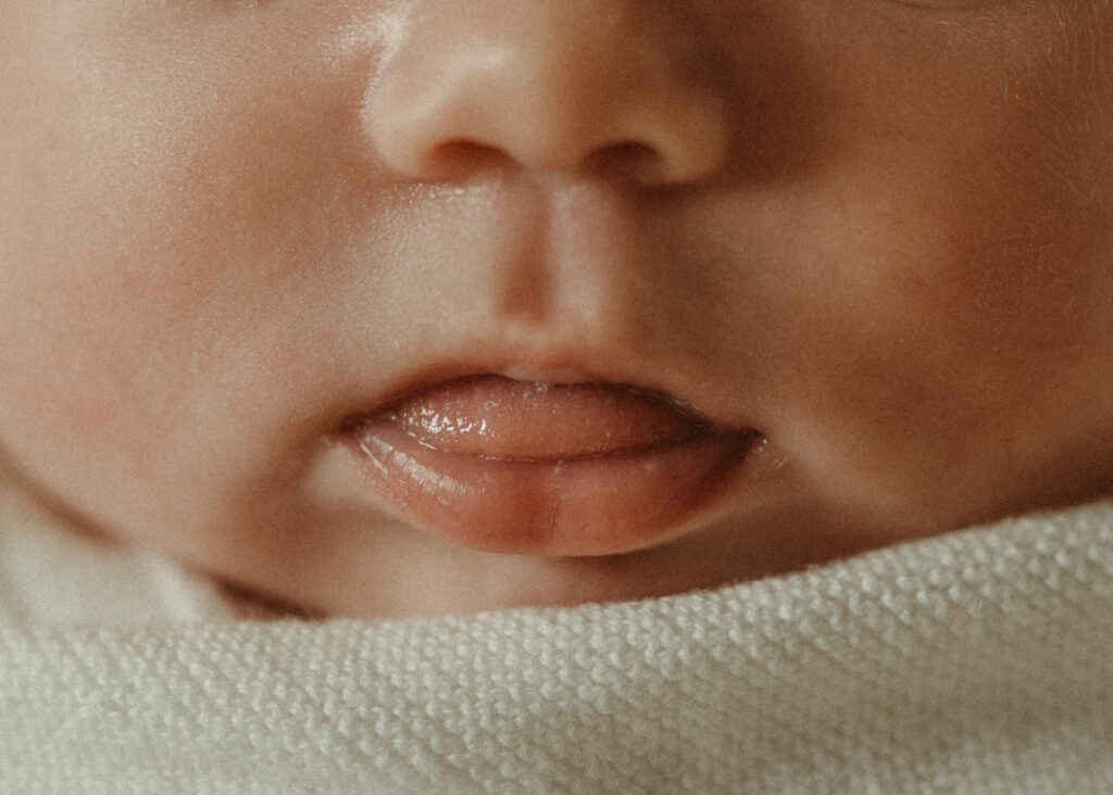 closeup detail shot of newborn lips and nose
