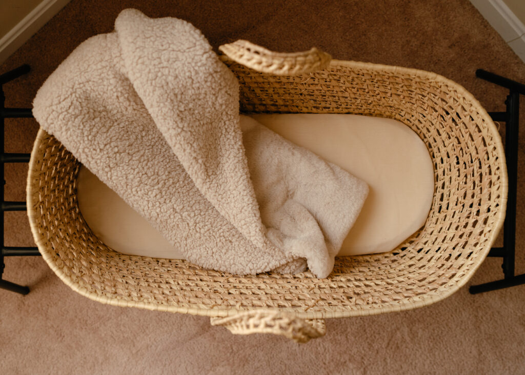 Sun & Vine Photography newborn blanket and moses basket for in home newborn lifestyle photography sessions