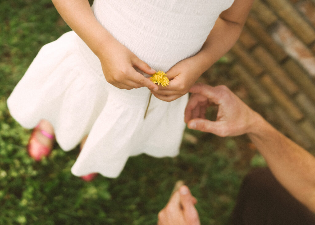 close up photo of toddler girl in white dress holding yellow dandelion